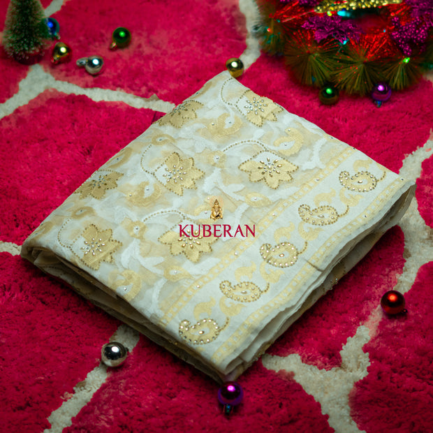 kuberan white with gold border handwork cotton saree