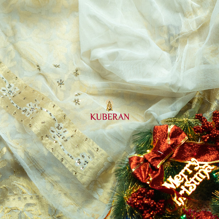 kuberan white with golden border handwork Cotton saree