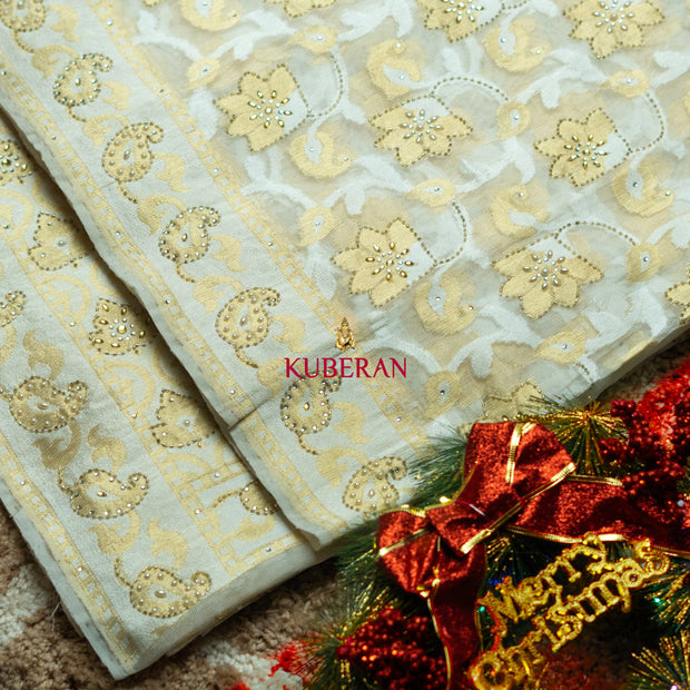 kuberan white with gold border handwork cotton saree