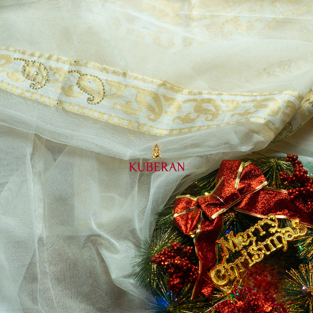 kuberan white with gold border handwork cotton saree