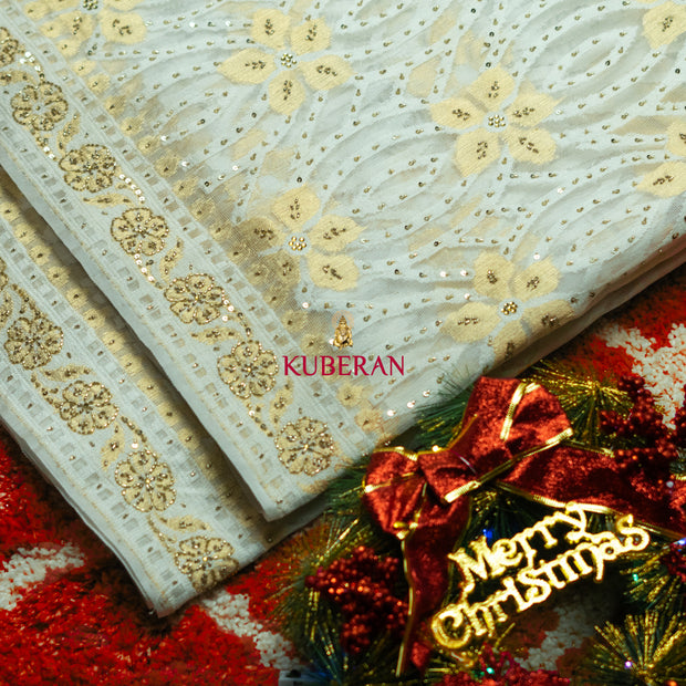 kuberan white with gold border handwork cotton saree