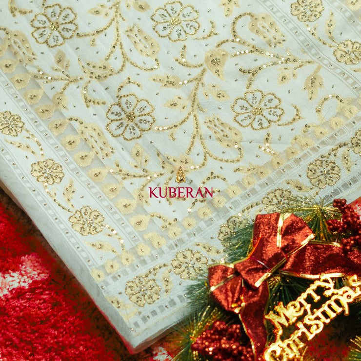 kuberan white with gold border handwork cotton saree