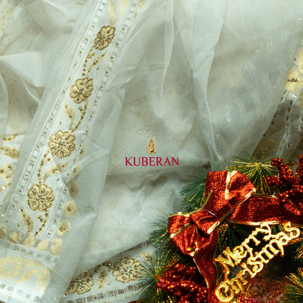 kuberan white with gold border handwork cotton saree