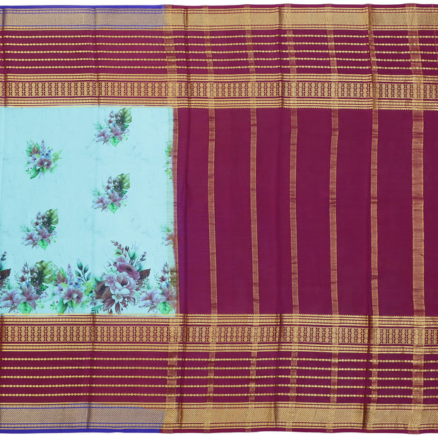 Kuberan SKY BLUE with maroon wine kalamkari Mysore Silk Saree