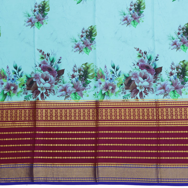 Kuberan SKY BLUE with maroon wine kalamkari Mysore Silk Saree