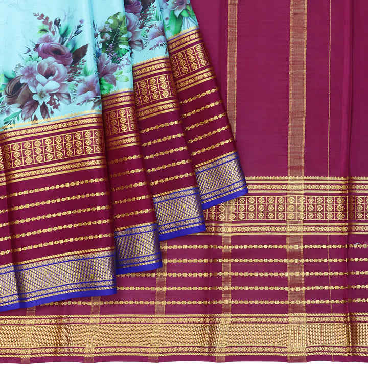 Kuberan SKY BLUE with maroon wine kalamkari Mysore Silk Saree
