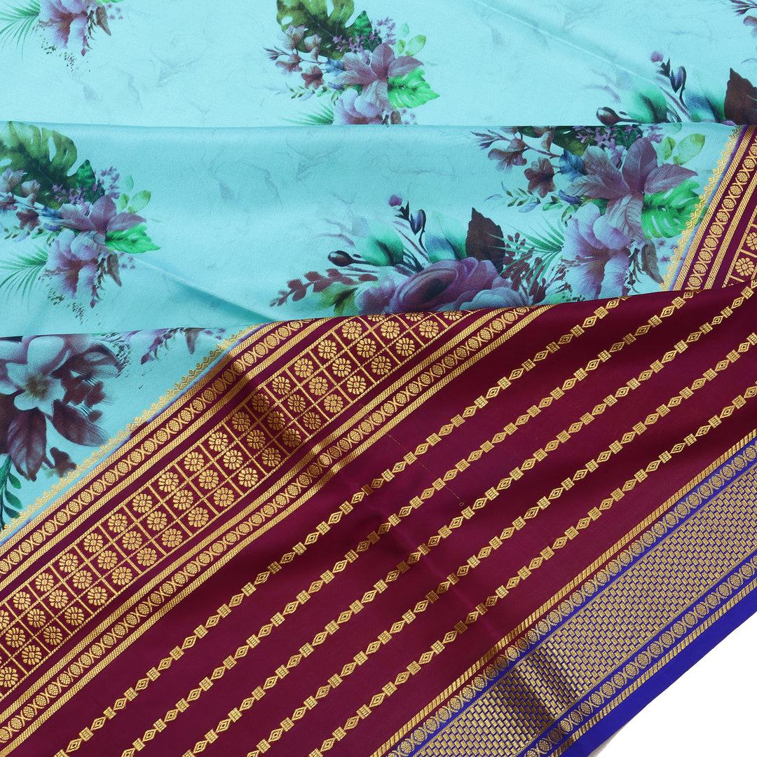 Kuberan SKY BLUE with maroon wine kalamkari Mysore Silk Saree