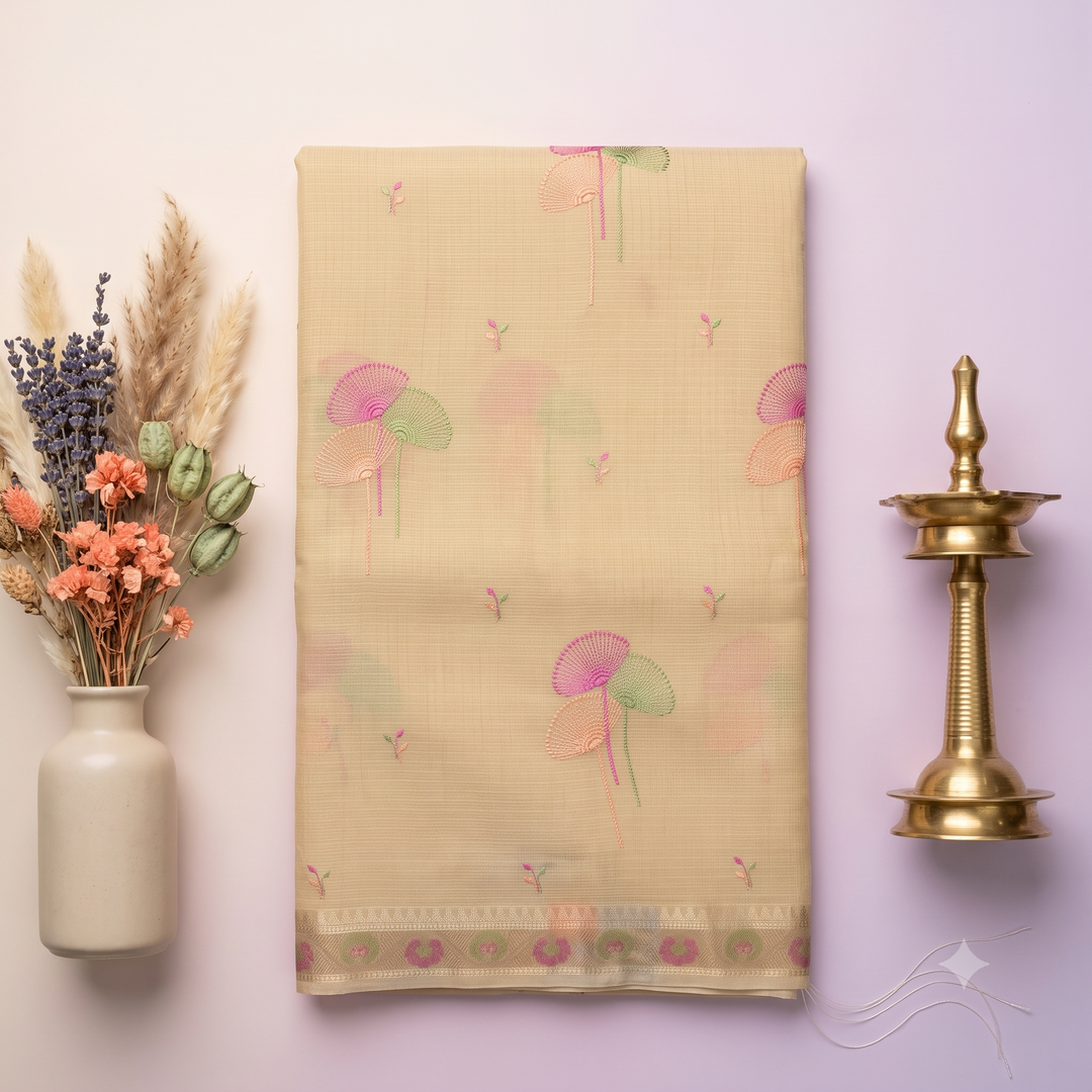 KUBERAN CREAM MULTICOLOUR FAN FLORAL BUTI RAW SILK SAREE