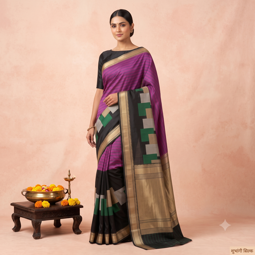 KUBERAN BLACK WITH PURPLE PURE BANARASI HANDLOOM SAREE