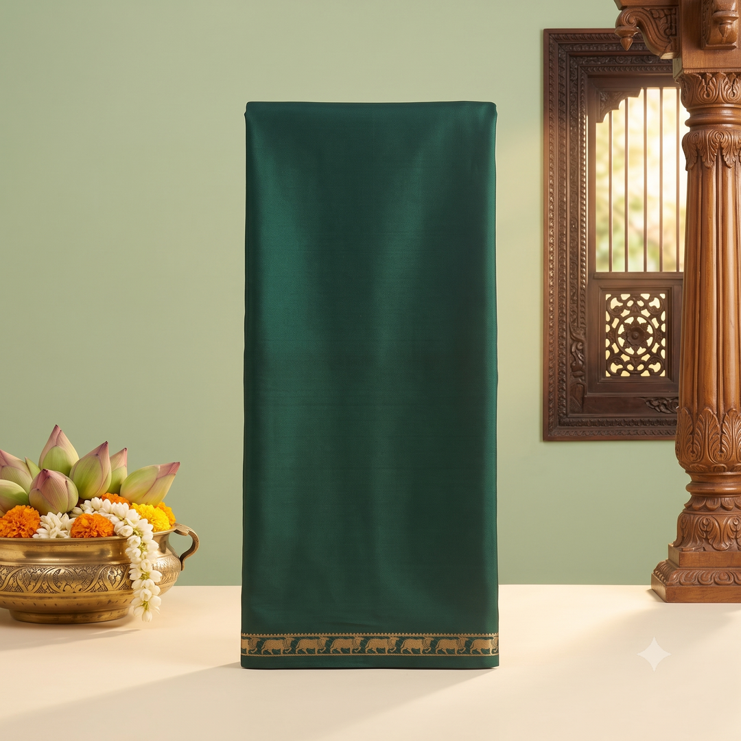 KUBERAN GREEN NANDI BORDER PURE MYSORE CREPE SILK SAREE