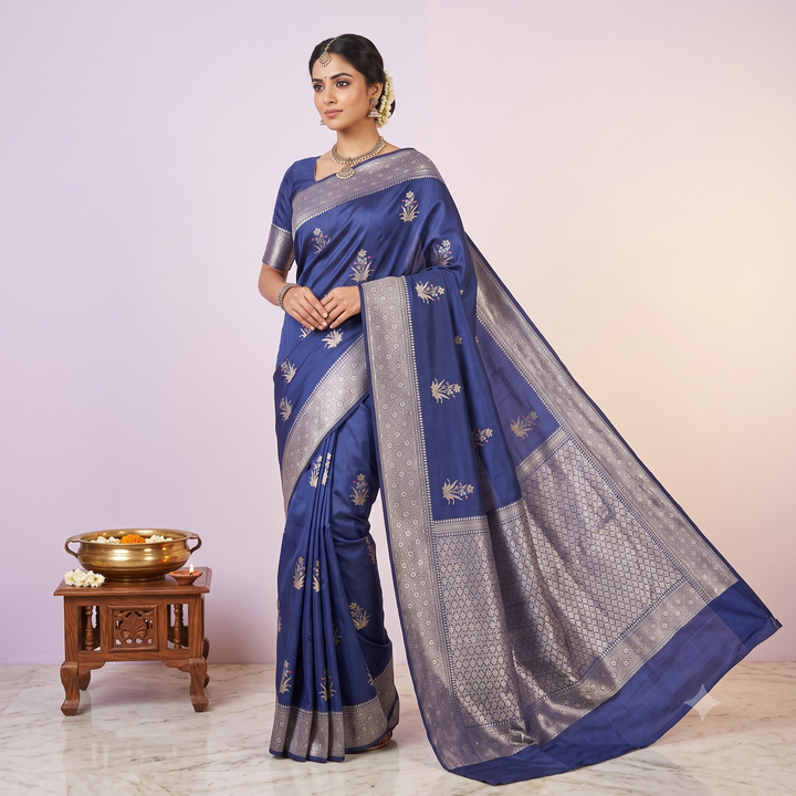 KUBERAN NAVY BLUE PURE TUSSAR SILK SAREE