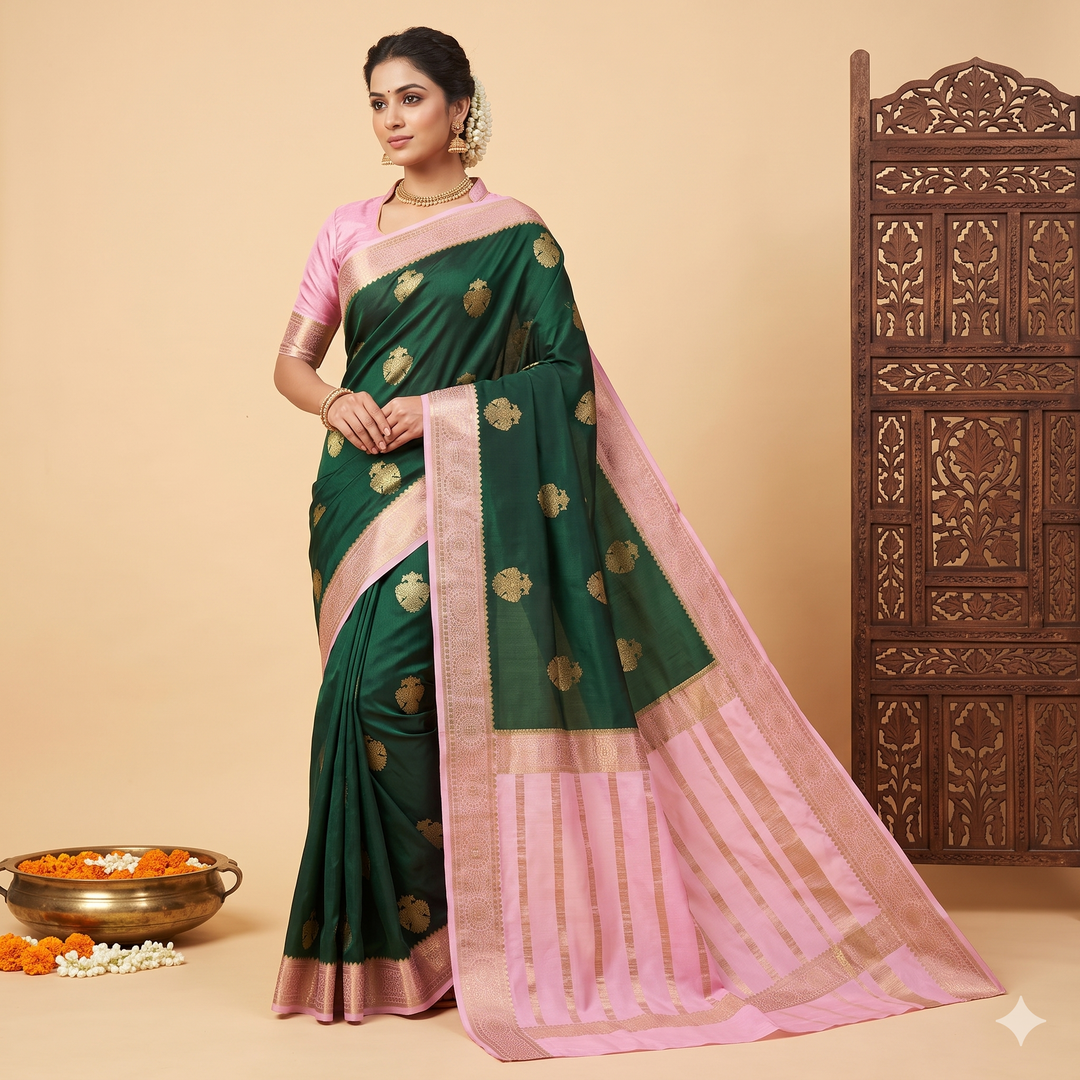 KUBERAN DARK GREEN PURE MYSORE CREPE SILK SAREE
