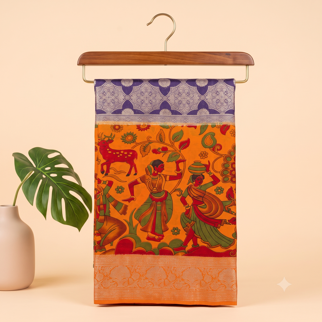 KUBERAN ORANGE WITH PURPLE KALAMKARI CHIFFON SAREE