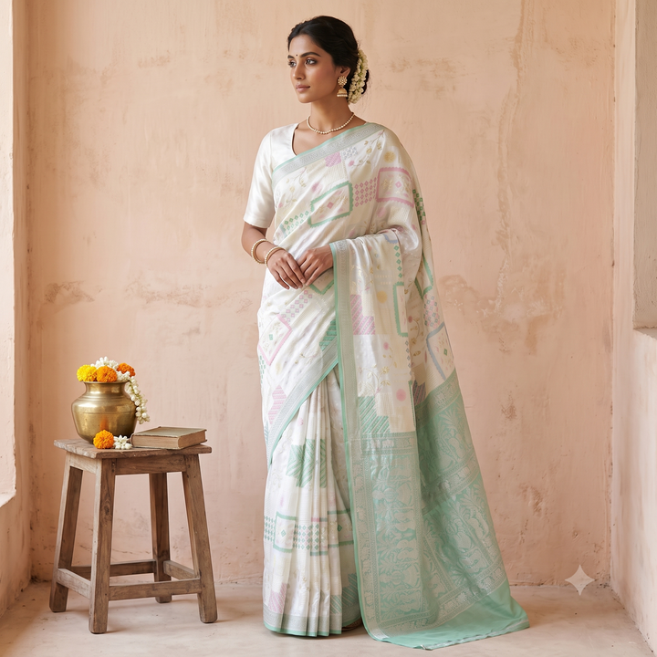 KUBERAN WHITE PASTEL PALLU BANARAS GEORGETTE SAREE