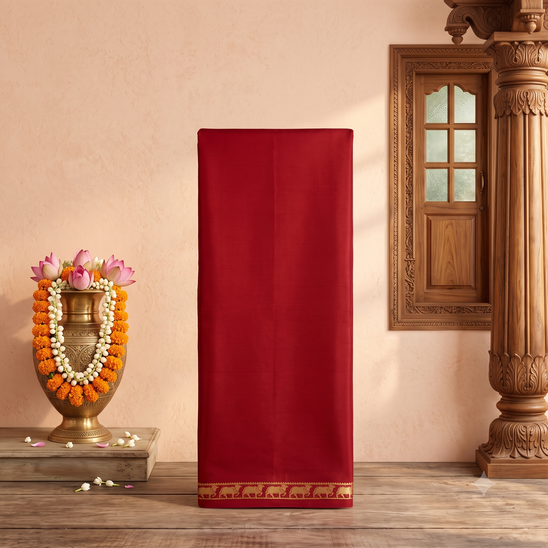 KUBERAN RED WITH NANDI BORDER PURE MYSORE CREPE SILK SAREE