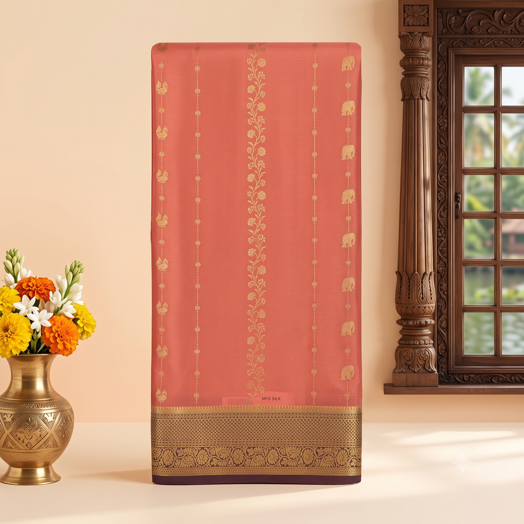 KUBERAN PEACH WITH BURGUNDY PURE MYSORE CREPE SILK SAREE
