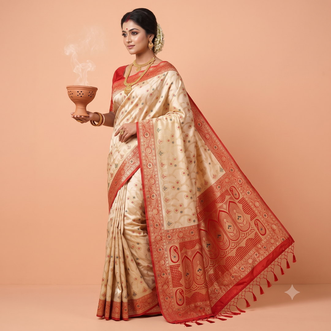 KUBERAN WHITE WITH RED SEMI TUSSAR SILK SAREE