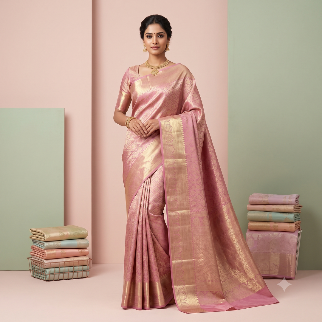 KUBERAN PINK BROCADE TISSUE PURE SILK SAREE