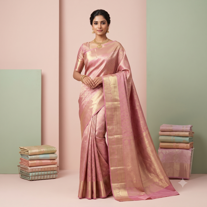 KUBERAN PINK BROCADE TISSUE PURE SILK SAREE