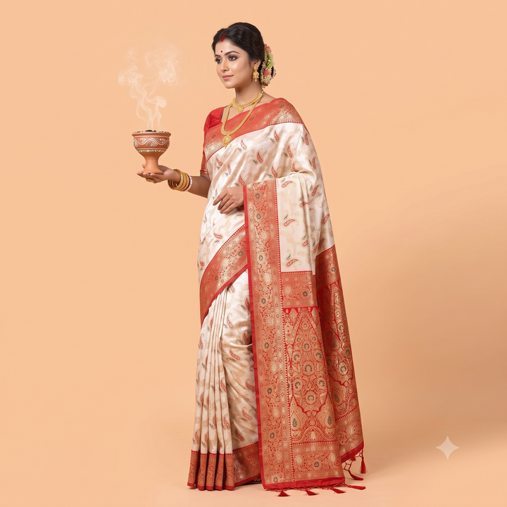 Kuberan White & Red Semi Tussar Silk Saree