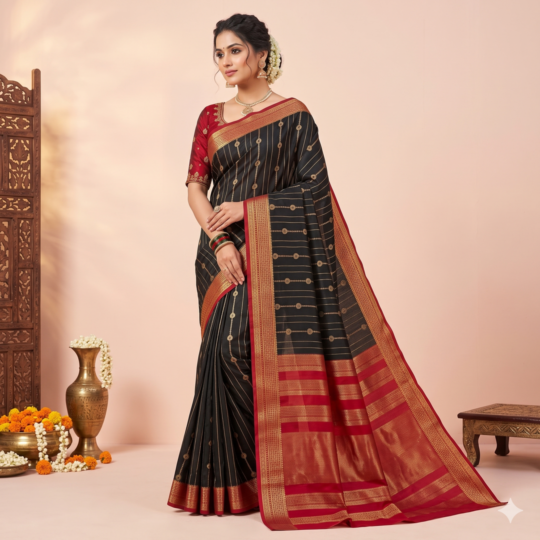 KUBERAN BLACK WITH RED PURE MYSORE CREPE SILK SAREE
