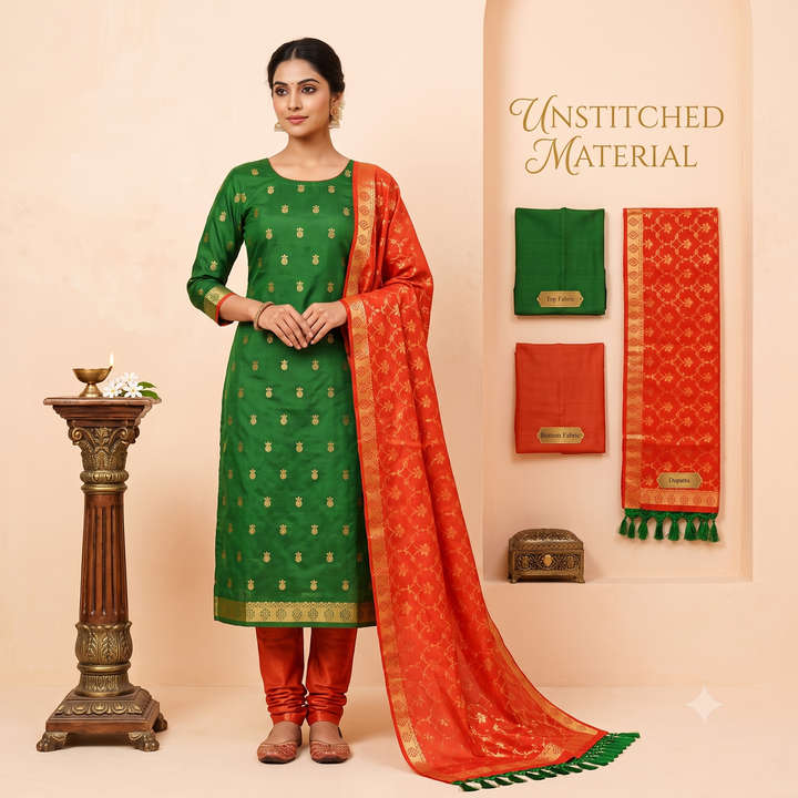 Kuberan Green and Red-Orange Pure Silk Dress Material
