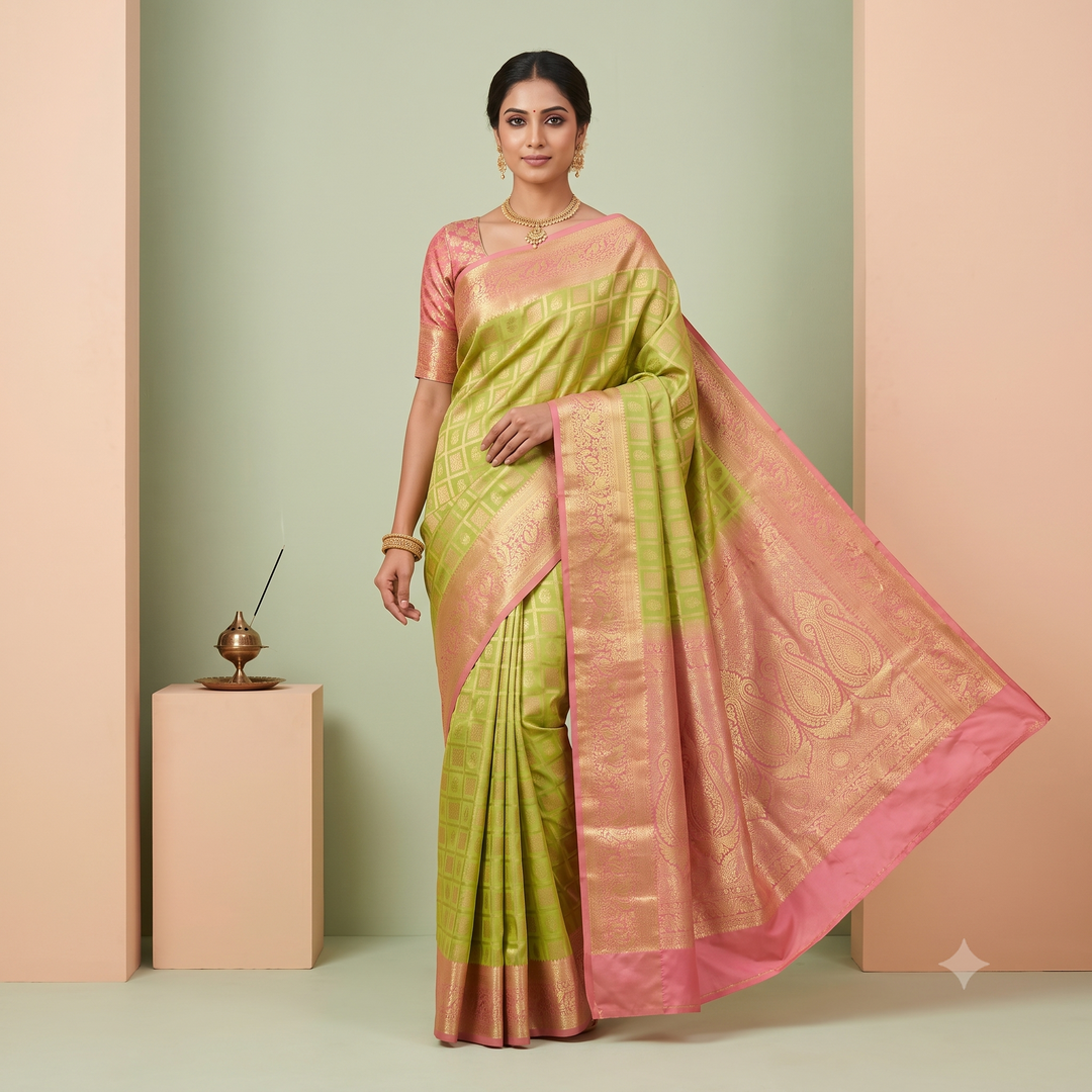 KUBERAN GREEN WITH PINK BROCADE SILK SAREE
