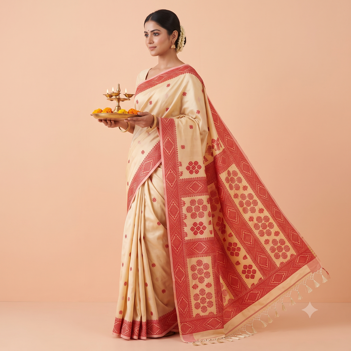 KUBERAN WHITE WITH RED SEMI TUSSAR SILK SAREE