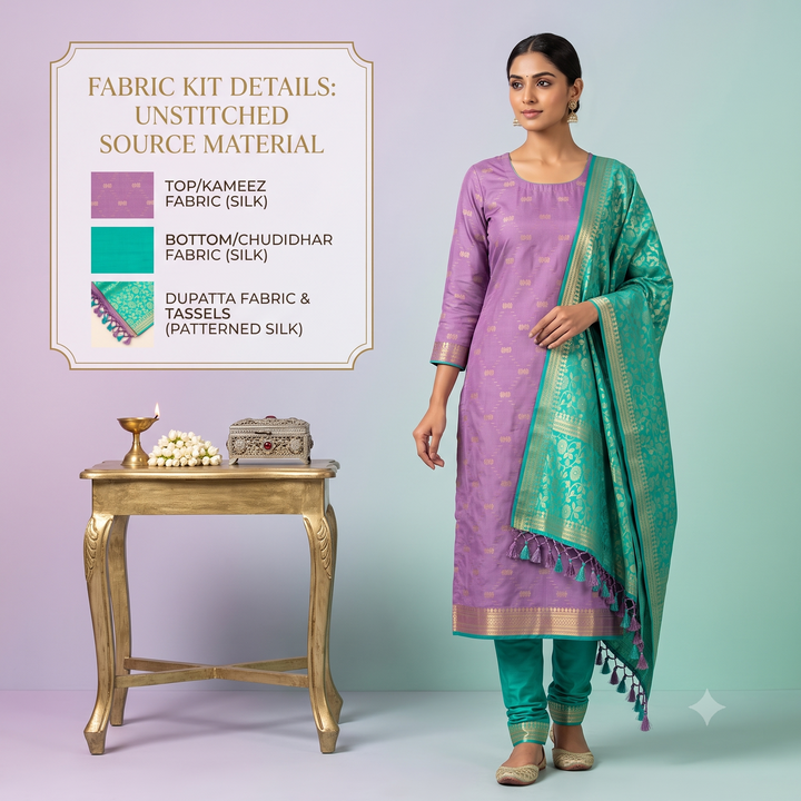 Kuberan Lavender Turquoise Pure Silk Dress Material