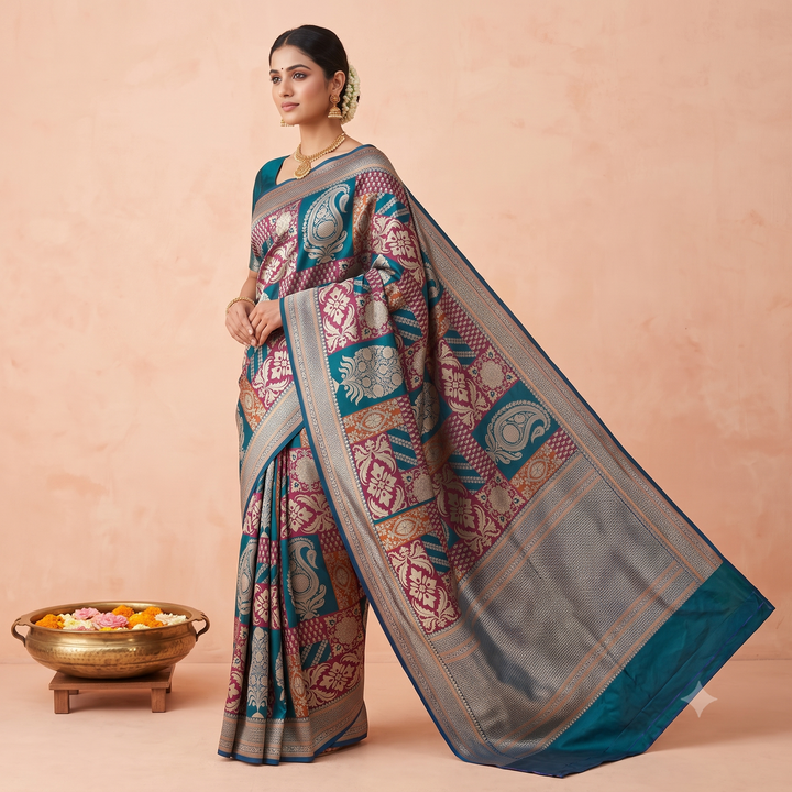 KUBERAN TURQUOISE BLUE PURE BANARASI HANDLOOM SAREE