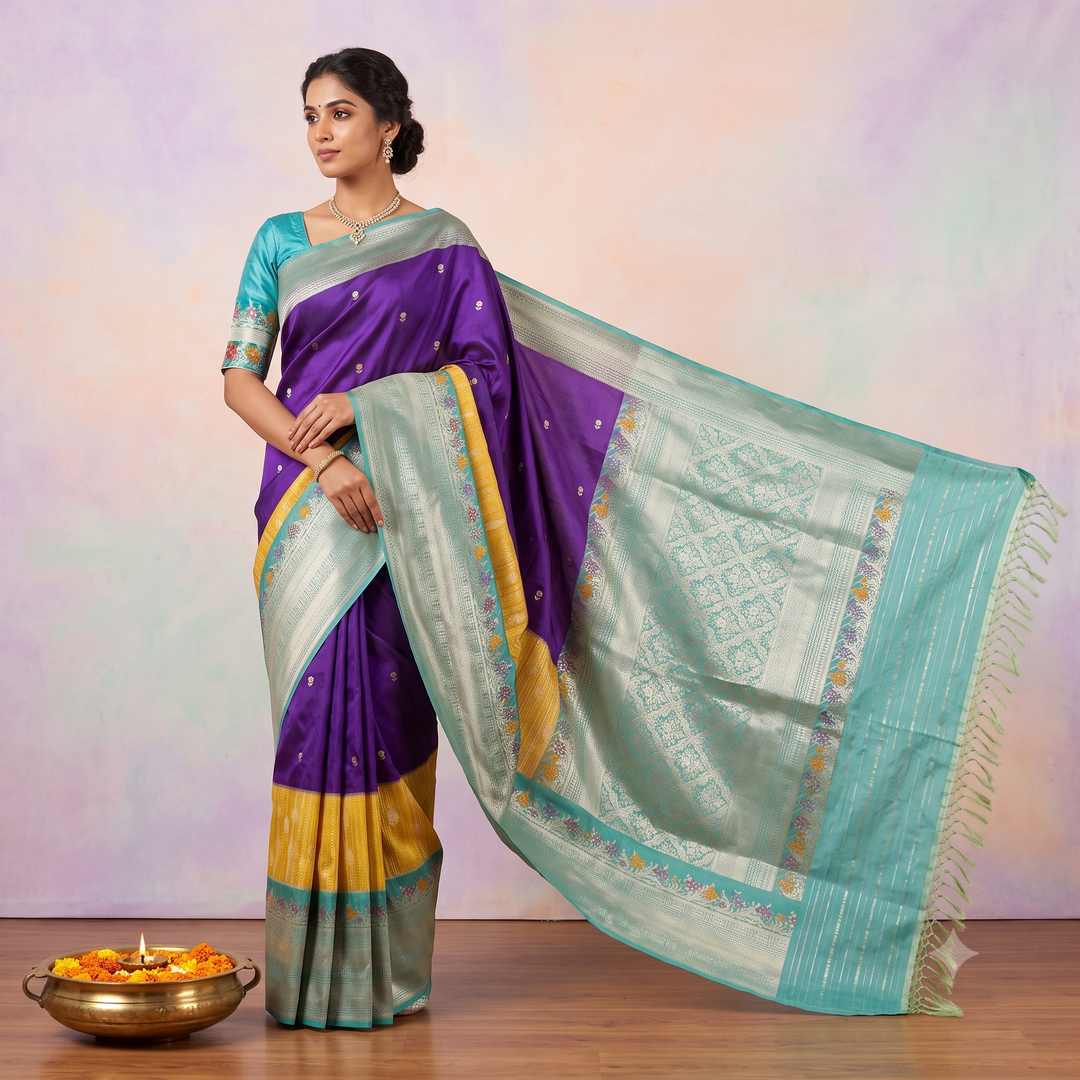 KUBERAN PURPLE WITH BLUE YELLOW PURE BANARASI HANDLOOM SAREE