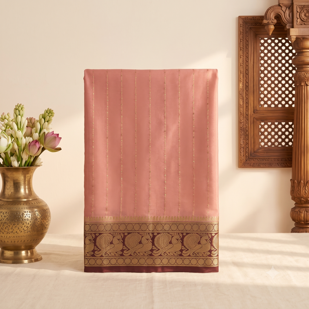 KUBERAN PEACH WITH BROWN PURE MYSORE CREPE SILK SAREE