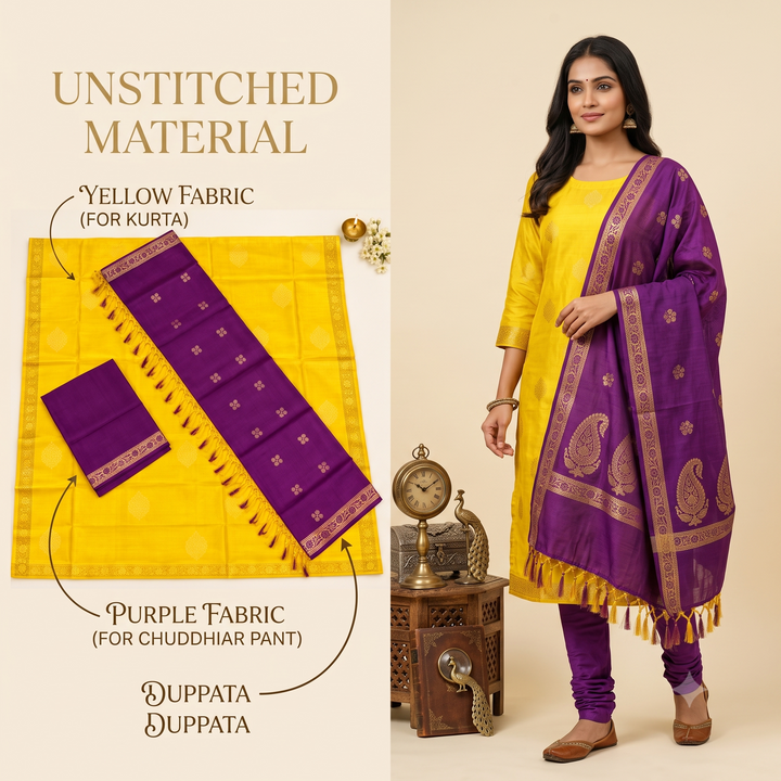 Pure Silk Dress Material - Yellow and Purple