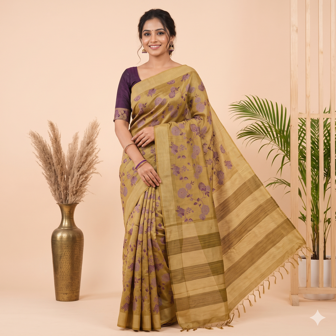 Kuberan Pale Green Floral Pure Banarasi Silk Saree
