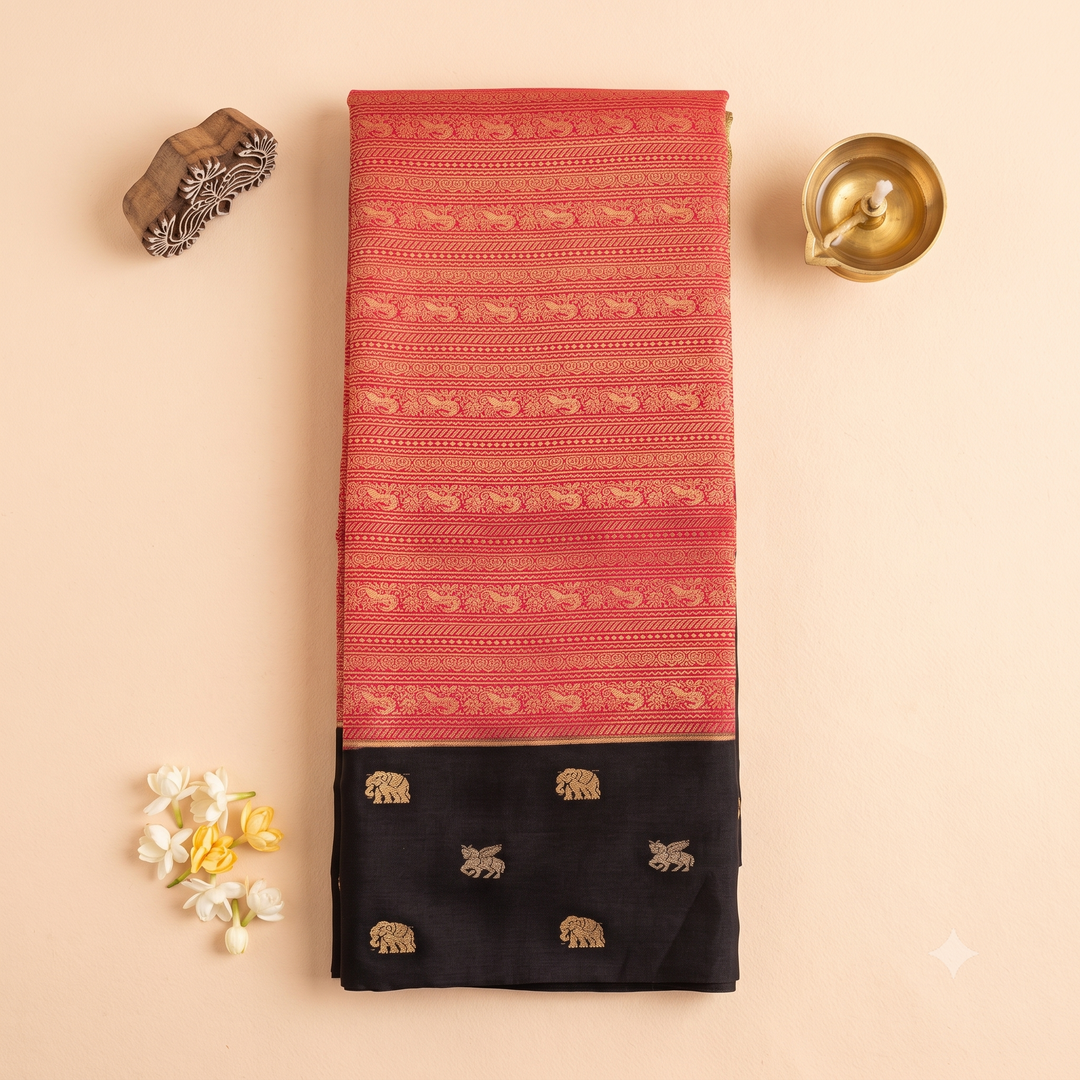 KUBERAN RED BLACK MYSORE SILK CREPE SAREE