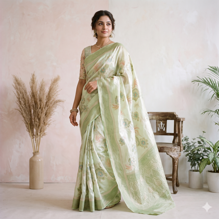 Kuberan Pista Green Floral Chiffon Saree