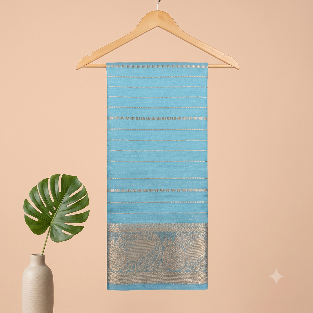 KUBERAN SKY BLUE WITH GOLD STRIPE CHIFFON SAREE