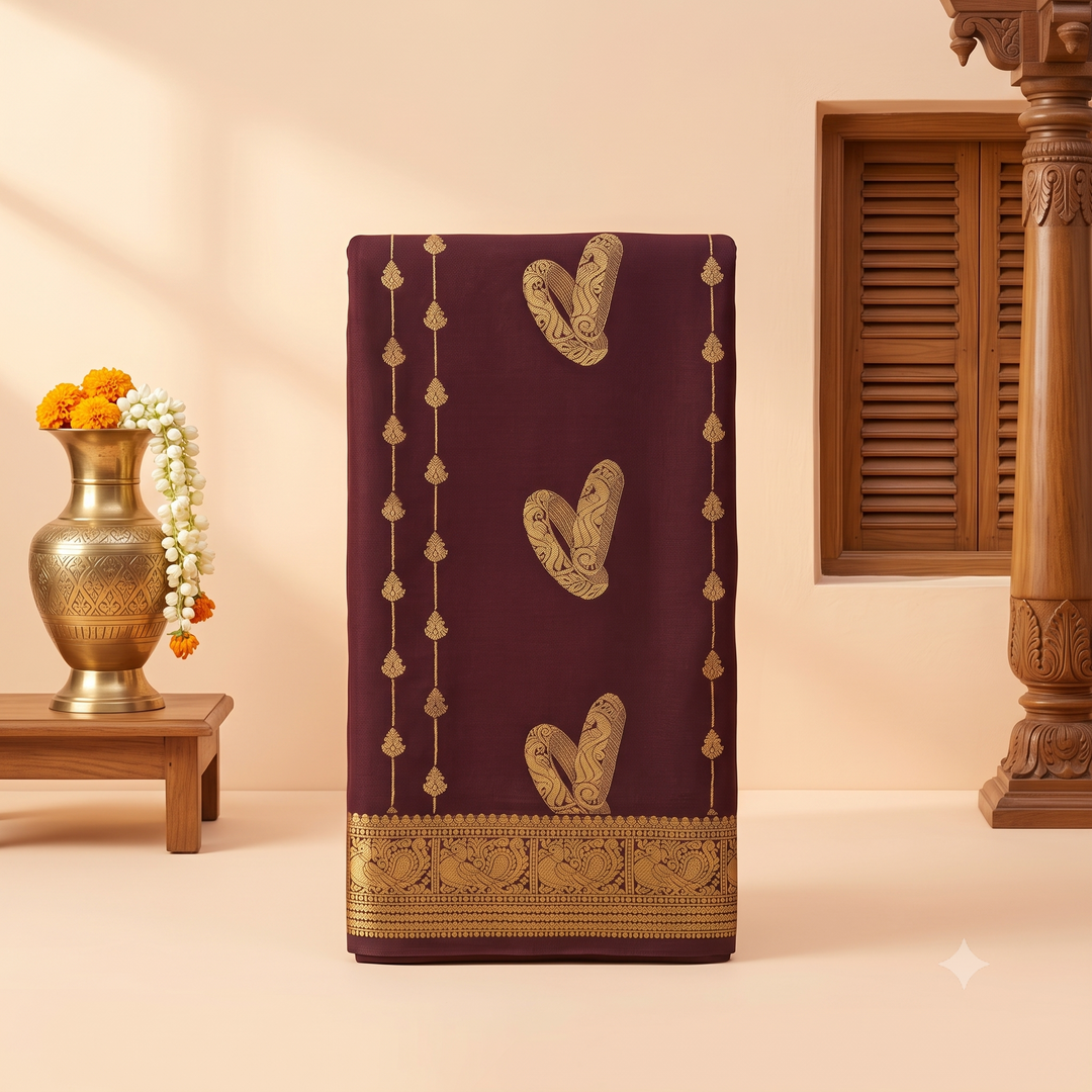 KUBERAN BROWN PURE MYSORE CREPE SILK SAREE