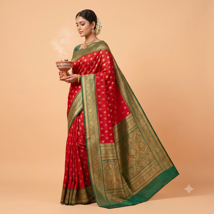 Kuberan Red & Green Brocade Semi-Silk Saree