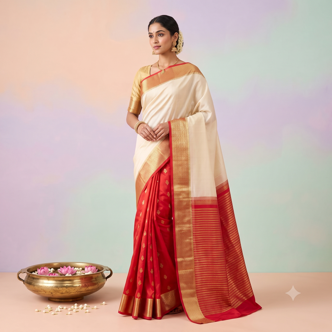 KUBERAN RED WITH WHITE PARTLY PALLU PURE MYSORE CREPE SILK SAREE