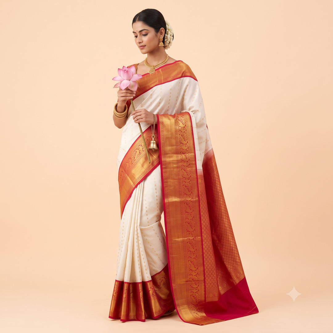 Kuberan White with Pink Brocade Brocade pure silk Saree