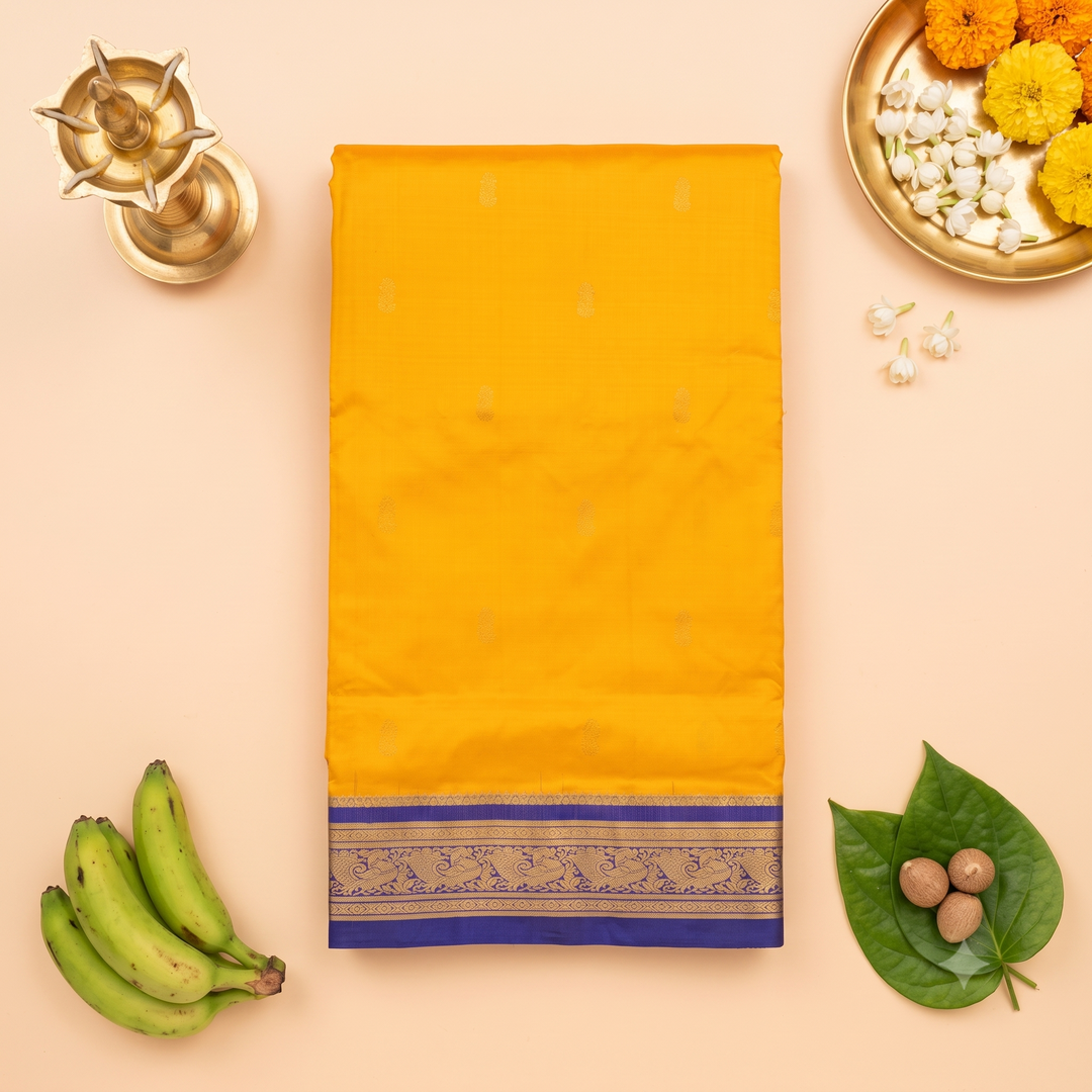 Kuberan Mango Yellow & Royal Blue 9-Yard Pure Silk Saree