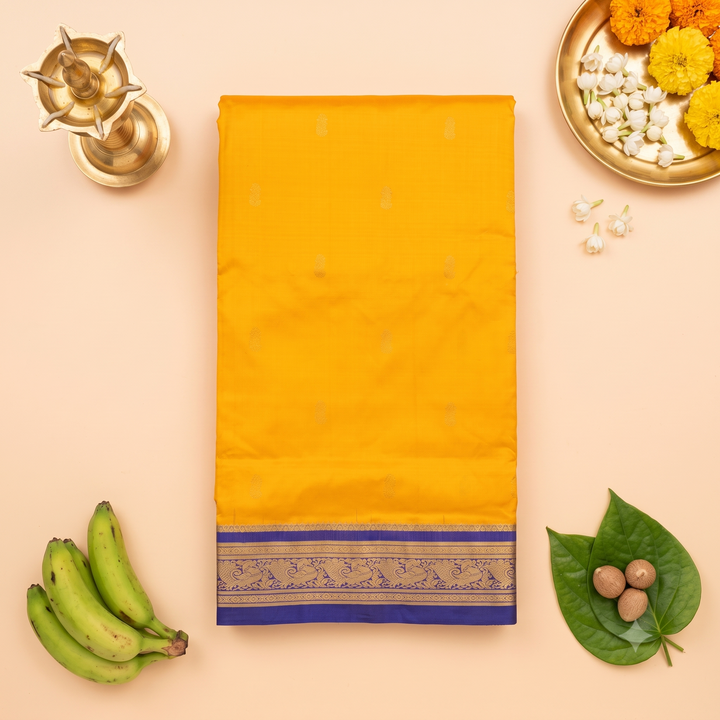 Kuberan Mango Yellow & Royal Blue 9-Yard Pure Silk Saree
