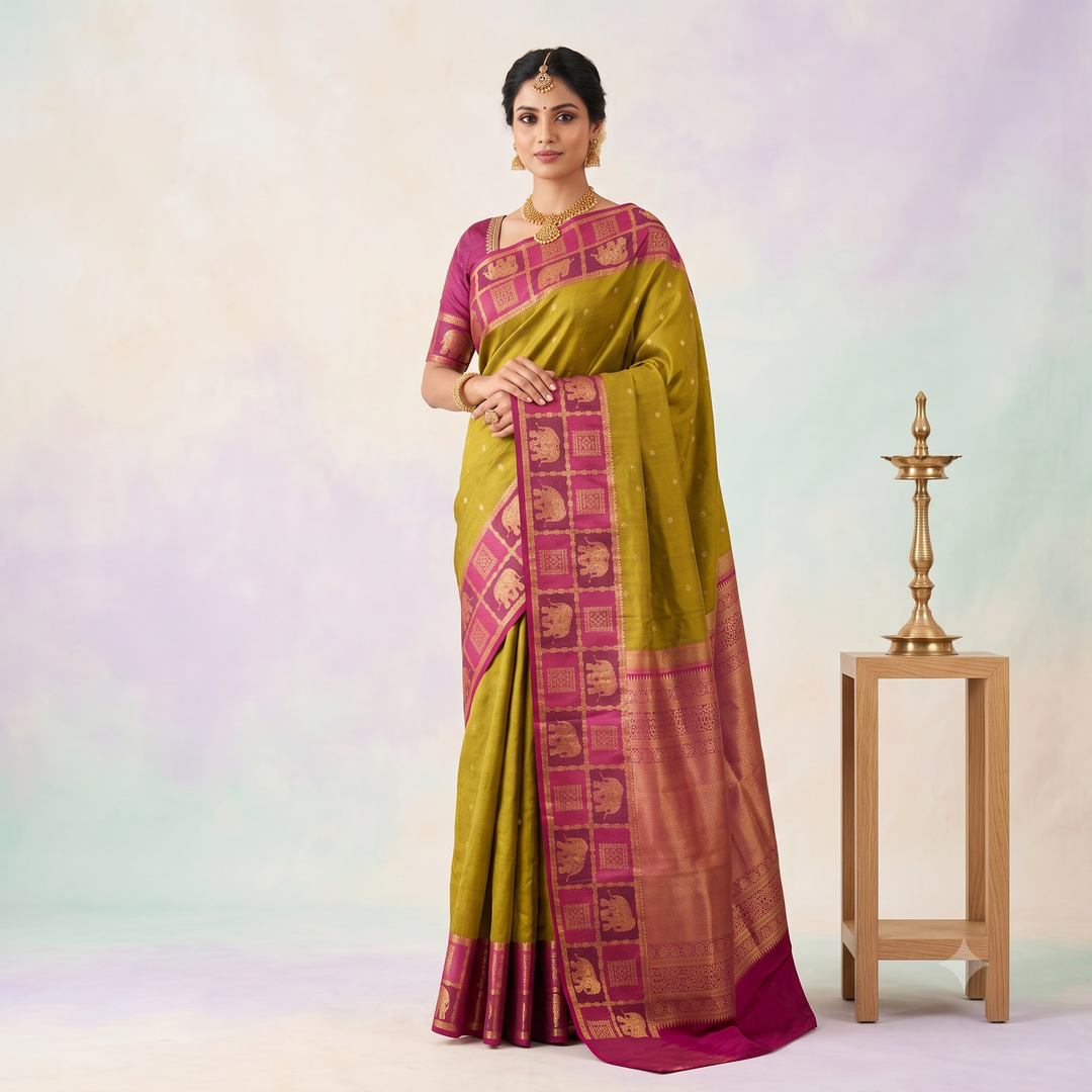 KUBERAN GREEN WITH PINK PURE SILK SAREE