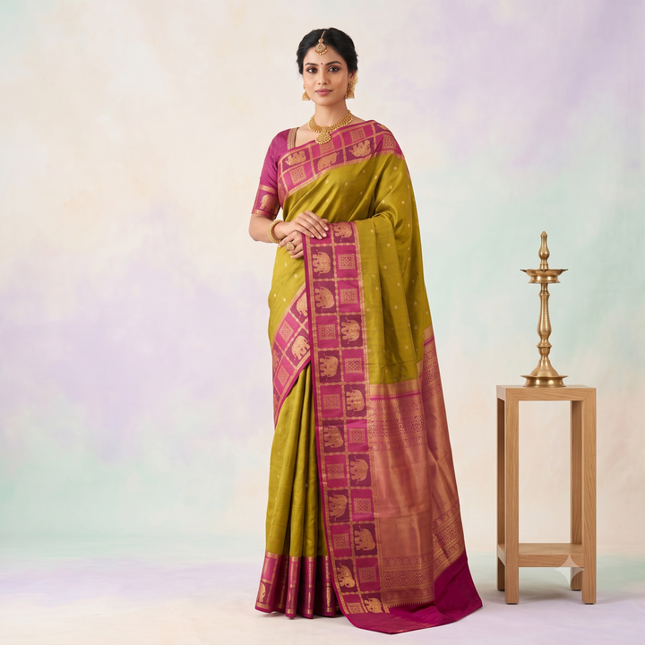 KUBERAN GREEN WITH PINK PURE SILK SAREE