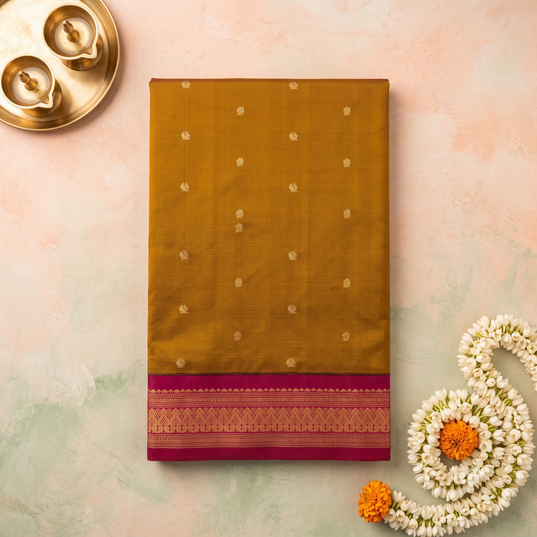 Kuberan Mustard & Pink 9-Yard Pure Silk Saree