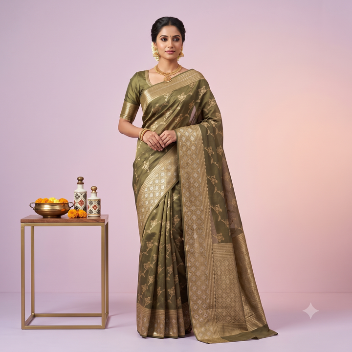 KUBERAN GREEN PURE TUSSAR SILK SAREE