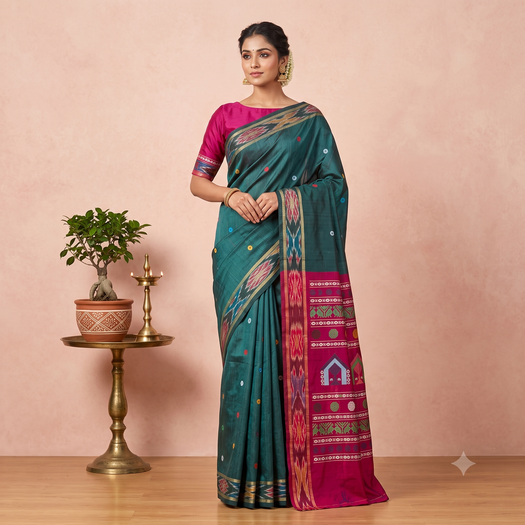 KUBERAN TEAL GREEN WITH PINK TUSSAR SILK SAREE