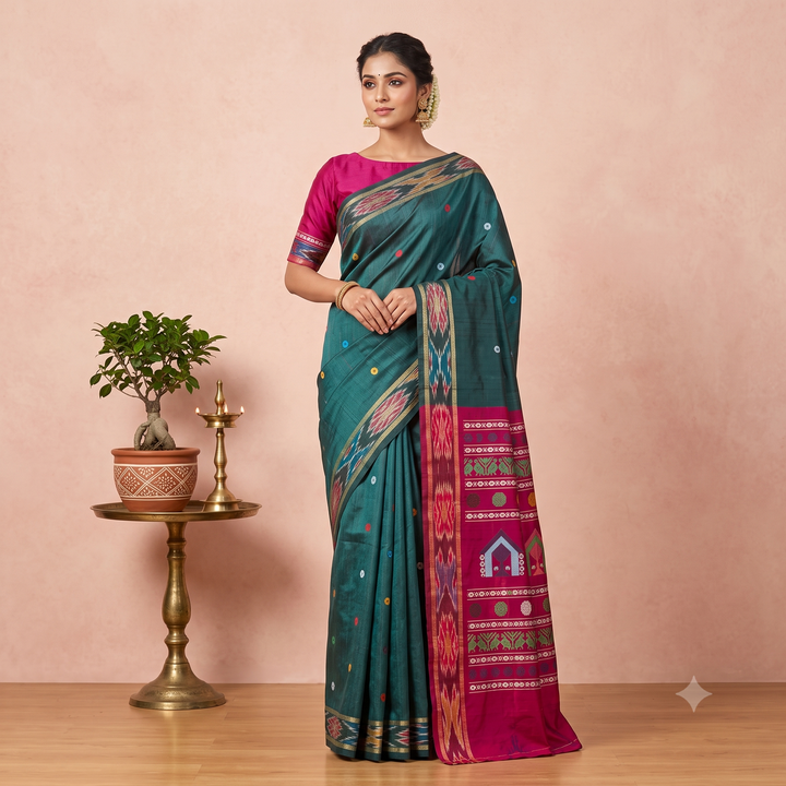 KUBERAN TEAL GREEN WITH PINK TUSSAR SILK SAREE