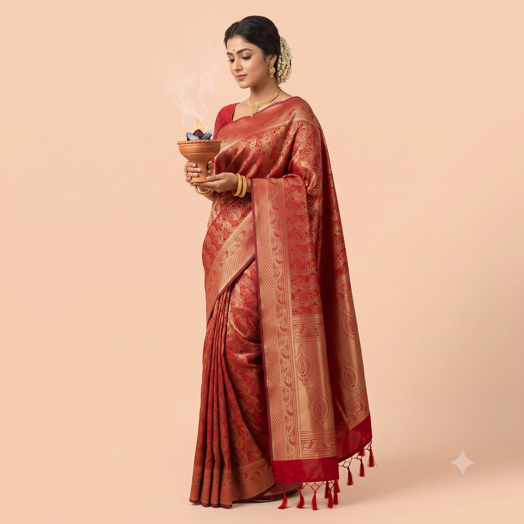 Kuberan Maroon Floral Brocade Semi-Silk Saree